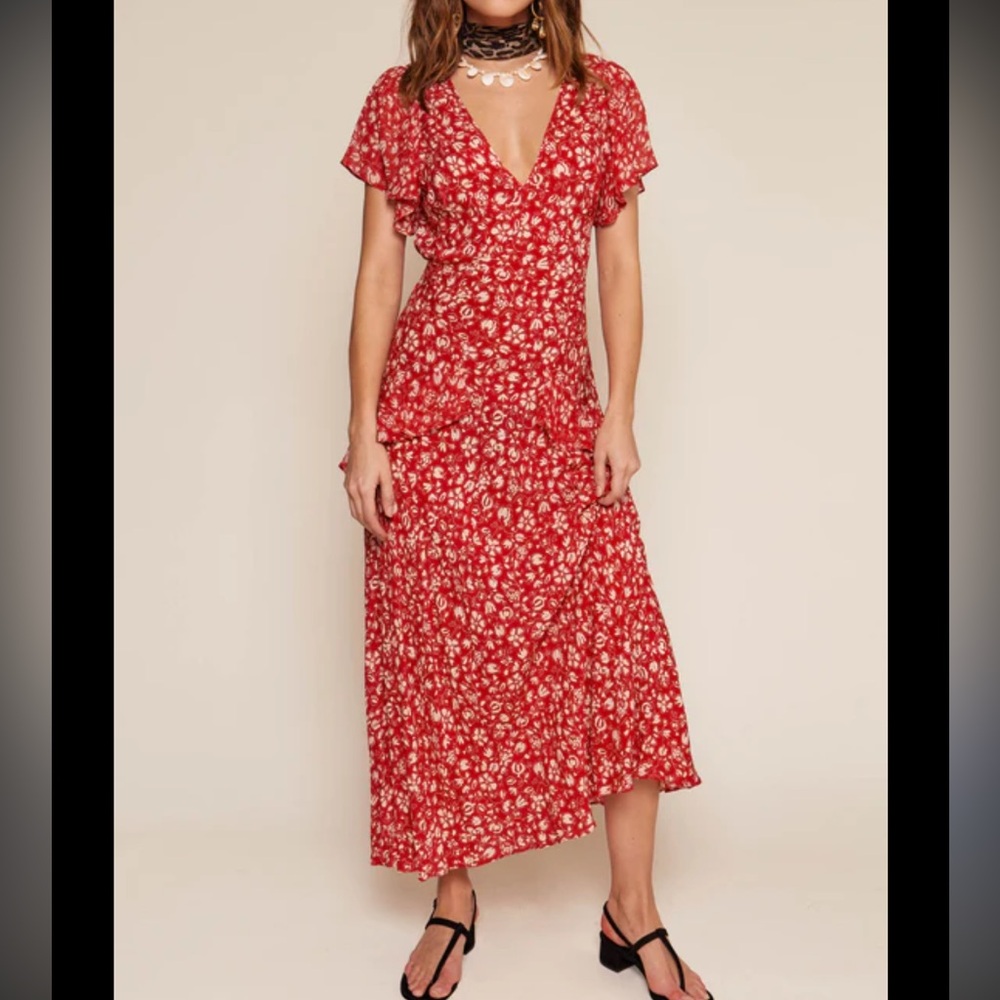 NWT Women’s Red Floral V-Neck Ruffle Sleeve Midi Dress Size 6